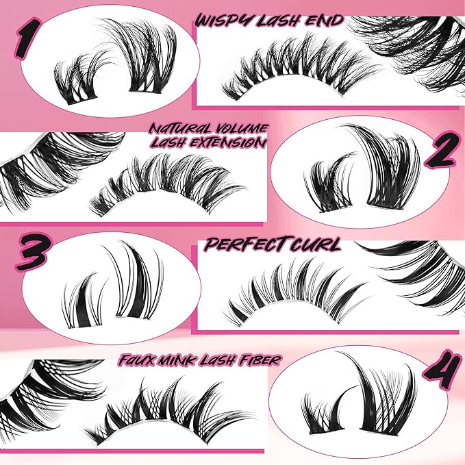 Gmagictobo Manga Lash Clusters Kit Spiky Lashes Clusters Fairy Wispy Lash Clusters Wet-Look Anime Lashes Pack 384 Pcs C/D Curl Fluffy Individual Lashes Lash Bond and Seal Lash Tweezers
