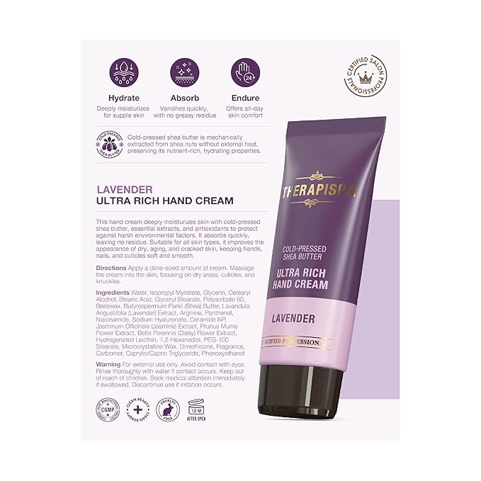 THERAPISPA Ultra Rich Hand Cream – Intensive Hydration & Repair for Dry, Chapped Hands | Enriched with Shea Butter, Ceramides, Niacinamide (B3) & Panthenol (B5) (Lavender, 2.0 oz, Pack of 5)