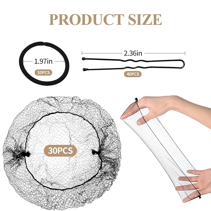 80Pcs Hair Net Set，30 Invisible Elastic Nylon Hair Net，40 U-Shaped Hair Pins and 10 Elastic Hair Ties,Suitable for Ballet Bun, Food Service, and Everyday Use（Black）