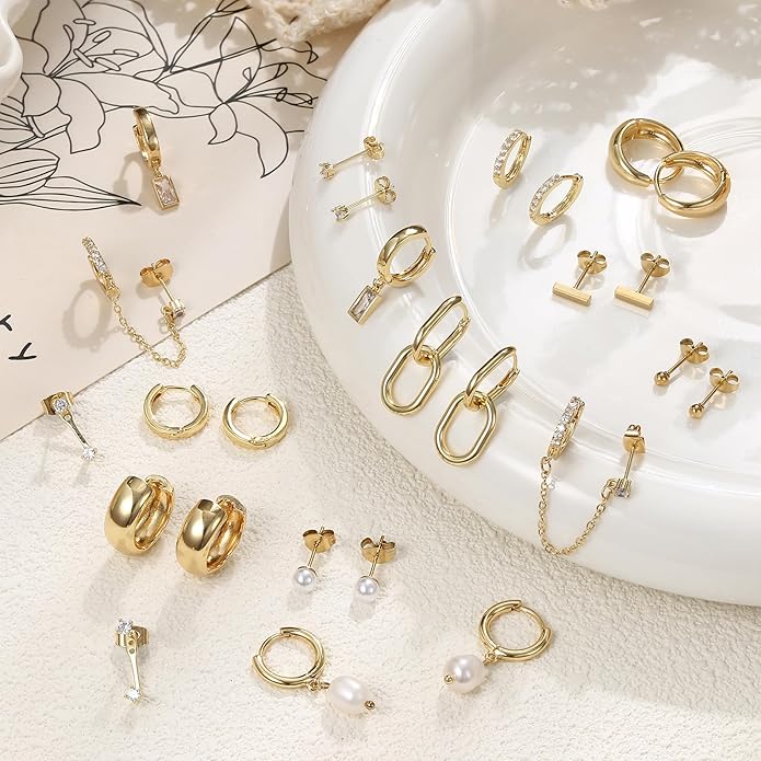 BESTEEL 13 Pairs Small Stud Hoop Earrings Set for Women Hypoallergenic Gold Plated Huggie Hoops Pearl Dainty Lightweight Earrings for Gift