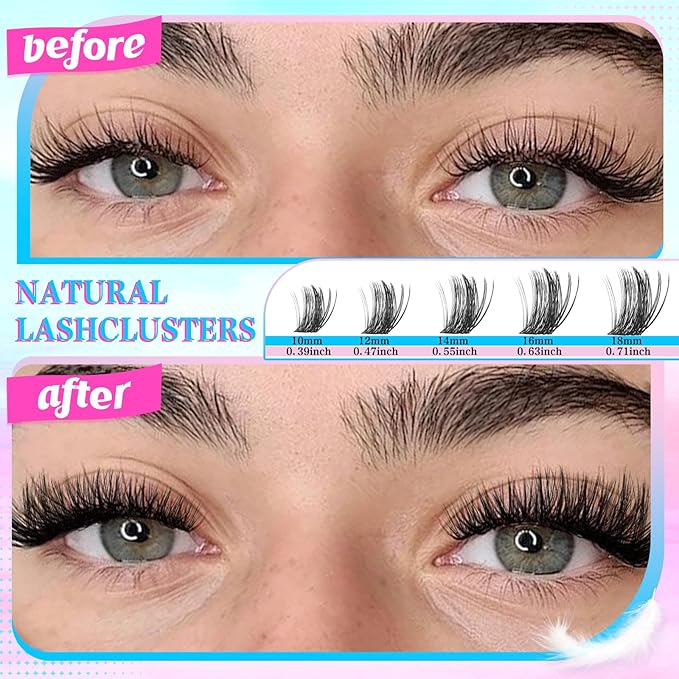 Lash Clusters Kit 576pcs, Natural Wispy DIY Eyelash Lashes Clusters Extensions Kit, 10-18mm D Curl with Lash Glue, Brush Tweezer and Remover