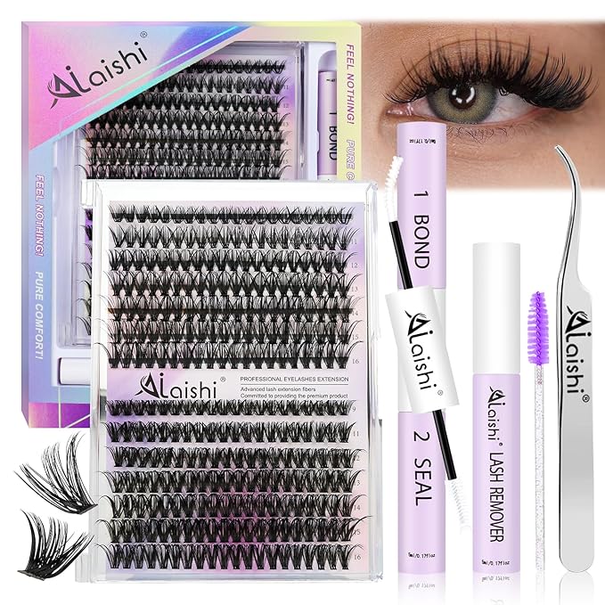 AILAISHI Lash Clusters Kit, DIY Cluster Eyelash Extensions 9‑16mm, 40D+50D, 280pcs Fluffy D Curl Natural Lashes with Bond & Seal,Remover,Tweezers,Brush–Fake Cat Eye Wispy Individual Clusters