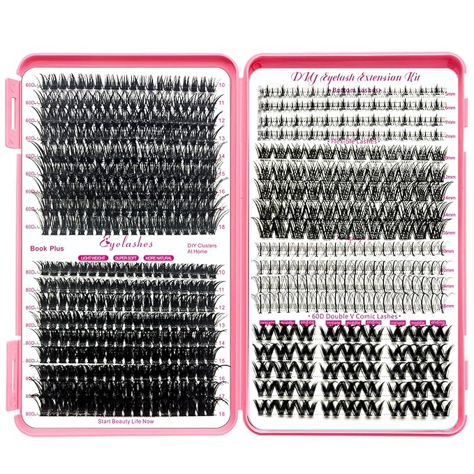 Qiveaory DIY Lash Extension Kit 584 Pcs Individual Lashes Clusters with Bottom Lashes Lash Bond and Seal,Eyelash Remover Tweezers Brush Eyelash Extension Set Lash Books DIY at Home