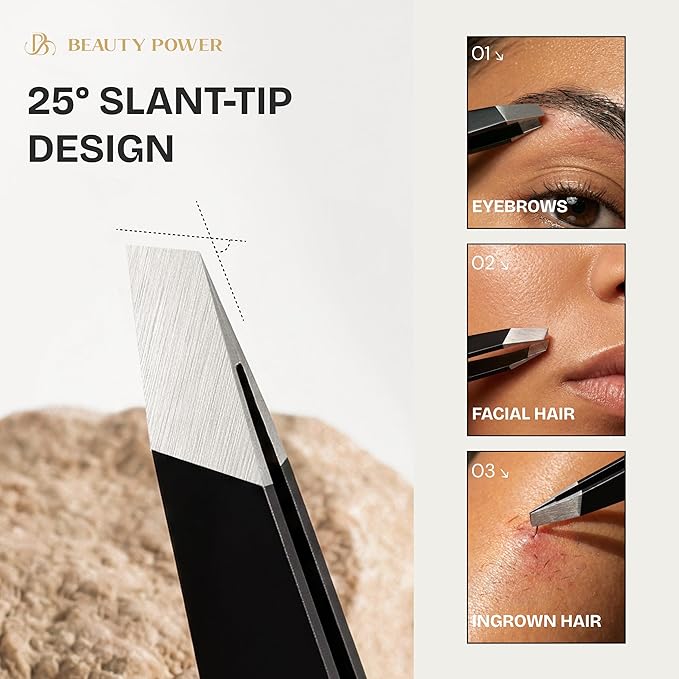 Beauty Power Ultra-Precision Professional Slant Tweezers for Women Facial Hair - German Stainless Steel, Lightweight Black Tweezers for Women & Men, Ideal for Eyebrow & Facial Grooming (3 Matte Black)