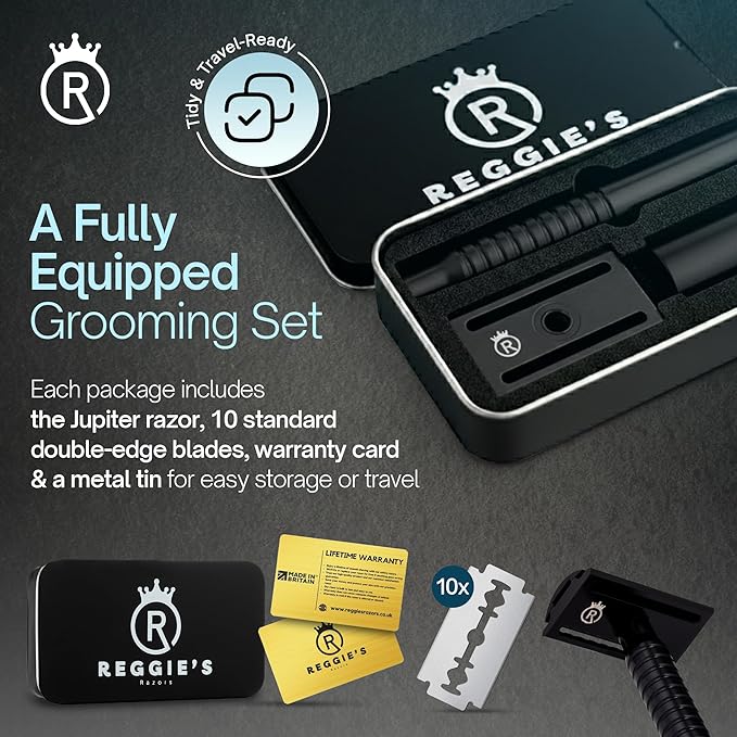 Reggie’s Razors Jupiter Aluminum Safety Razor for Men - Double Edge Shaving Razor, CNC-Machined - Made in UK - Aerospace Grade, Textured Grip, Suitable All Skin Types - Includes 10 Blades – Black