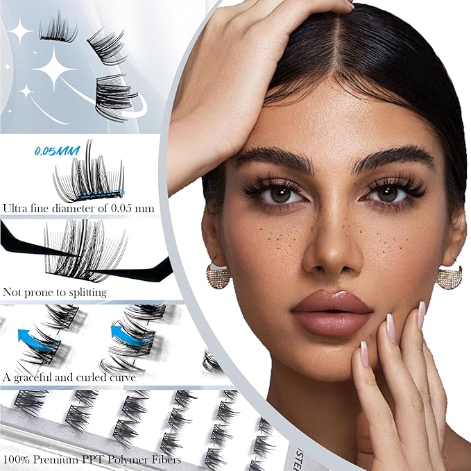 Dnrnaw Lash Clusters Kit for Sensitive Eyes - Salon-Quality DIY Eyelash Extensions, Waterproof & Hypoallergenic, | Includes 8-16mm Wispy & Fluffy Clusters, Adhesive, Seal, Tools (Natural-(black box)