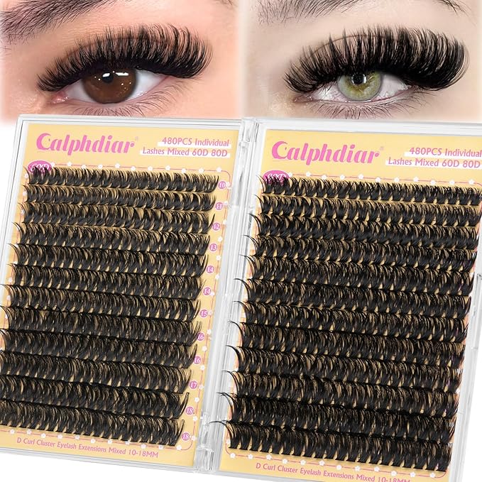calphdiar Lashes Clusters 60D+80D Thick Eyelash Clusters 480PCS Wispy Lash Clusters Eyelash Extensions Fluff D-curly Individual Lashes 10-18mm DIY Volume Lash Extension at Home
