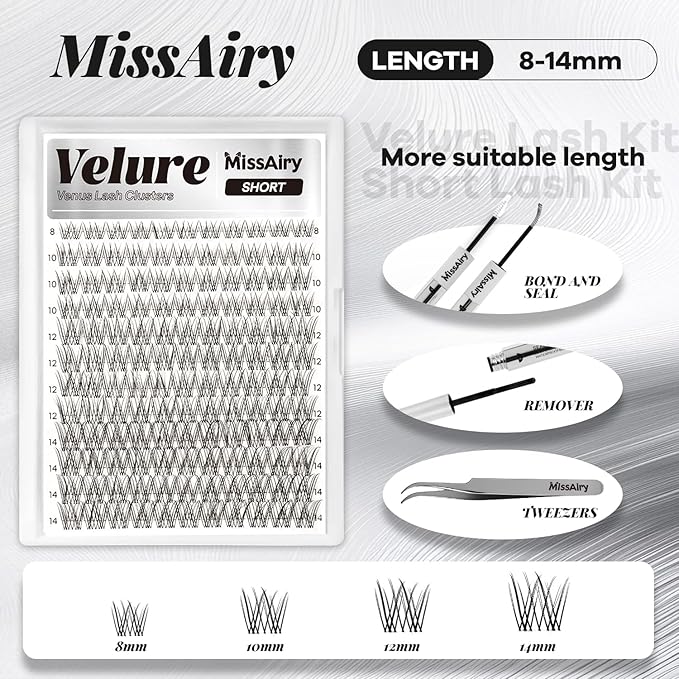 Velure Lash Clusters Kit Venus Short 8-14mm D Curl Natural Lash Clusters Kit Eyelash Clusters Kit Eyelash Extension kit Clusters Eyelash Extensions Beginner-Friendly DIY Lash Thin Invisible Lash Band