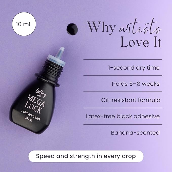 LivBay Mega Lock Lash Glue, Professional Eyelash Extension Glue, Fast Drying Banana-Scented Adhesive, Extra Strong Oil-Resistant Lash Bond with Long Retention, Black Formula, 10mL