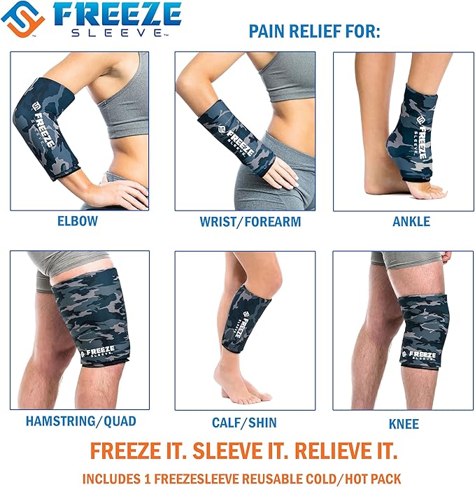 FreezeSleeve Ice and Heat Therapy Sleeve | Reusable Ice Pack Flexible Gel Compression Sleeve for Pain Relief and Recovery of Elbow Knee Ankle Leg Wrist Injuries | Blue Camo Large