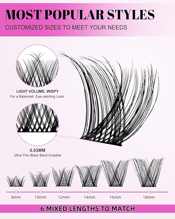 Energy Lash Clusters Kit 8-18mm Fluffy Volume Eyelashes Cluster Extension Kit D Curl Individual DIY False Lash Extension Kit with Lash Bond and Seal, Thin Invisible Black Lash Band