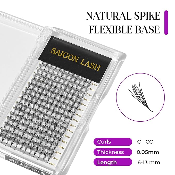 SAIGON LASH Anime Lash Kits Promade Fans –3D & 12D Wispy Volume Lashes, CC Curl 0.07, Mixed Length 6–13mm, Loose Handmade Extensions for Lash Artists (Black-CC-0.05-6 - 13mm)