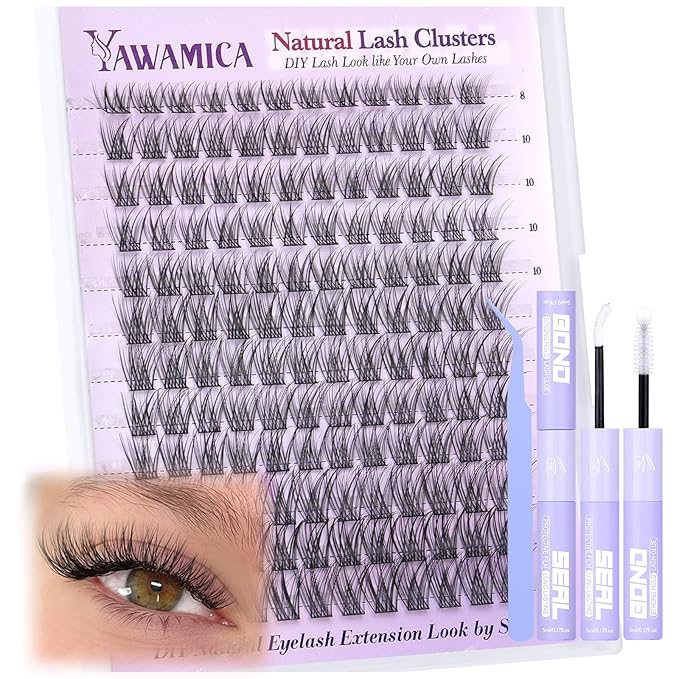 Yawamica Lash Clusters Kit Natural Lash Extension Kit 8-14mm Short Eyelash Clusters C Curly Wispy Individual Lashes with Waterproof Lash Bond and Seal and Lash Tweezers DIY Lash by Self