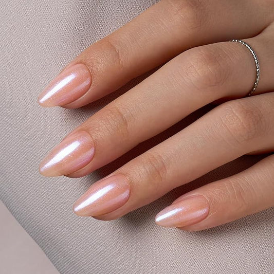 VSALON Press On Nails Short Almond, 32 Pcs 16 Sizes Nude Pink Shimmer Chrome Neutral Fake Nails With UV Cure Glue, Glossy Aurora Glazed Donut Reusable Stick On Nails False Nails Fall Gift For Women