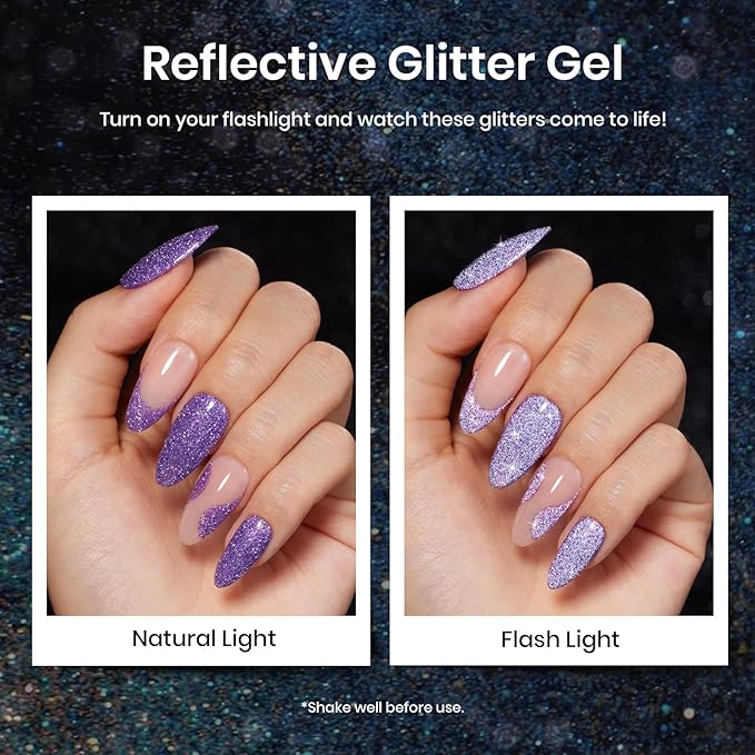 Beetles Reflective Glitter Gel Nail Polish Kit Winter Gel Polish 6 Colors Holographic Sparkle Flash Dimond Sliver Gold Soak Off UV LED Manicure Gift for Women Girls Midnight Sparkling