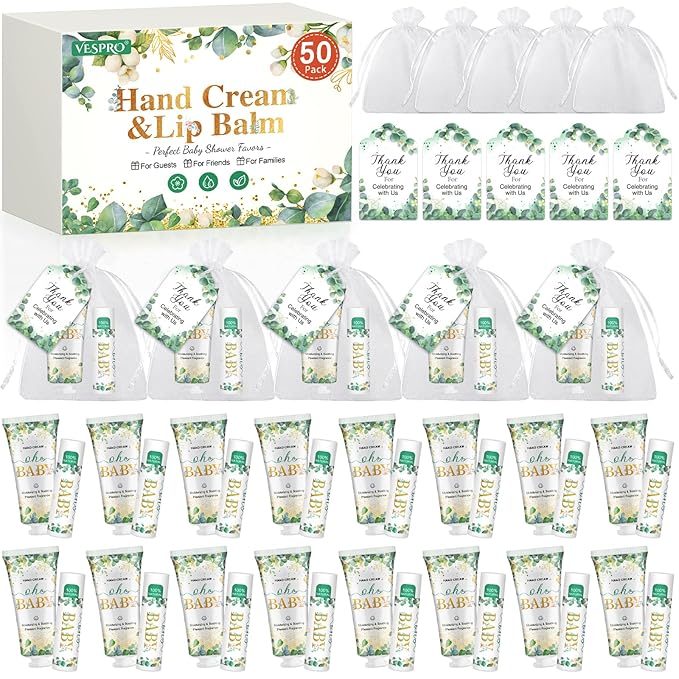 VESPRO 50 Pack Hand Cream Bulk and Lip Balm Bulk Gifts Sets, Baby Shower Favors and Bridal Shower Favors for Guests with Thank You Card and Organza Gift Bags, Thank You Gifts for Women (Oh Baby)