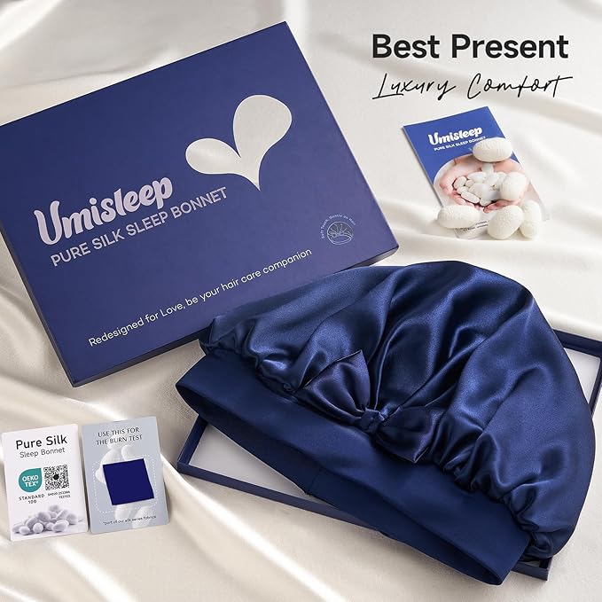 Double-Sided 22 Momme 100% Real Mulberry Silk Bonnet for Sleeping Women, Large Hair Care Bonnet for Long Curly Hair, Double Layer Silk Wrap with Soft Elastic Band, Non-Slip Sleep Cap, Navy Blue