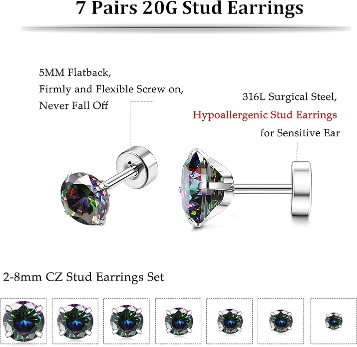 Fansilver 20G Hypoallergenic Flat Back Earrings for Women Men Silver 14K Gold Stainless Steel Stud Earrings Brithstone Cubic Zirconia Studs Surgical Steel Cartilage Earrings for Sensitive Ears