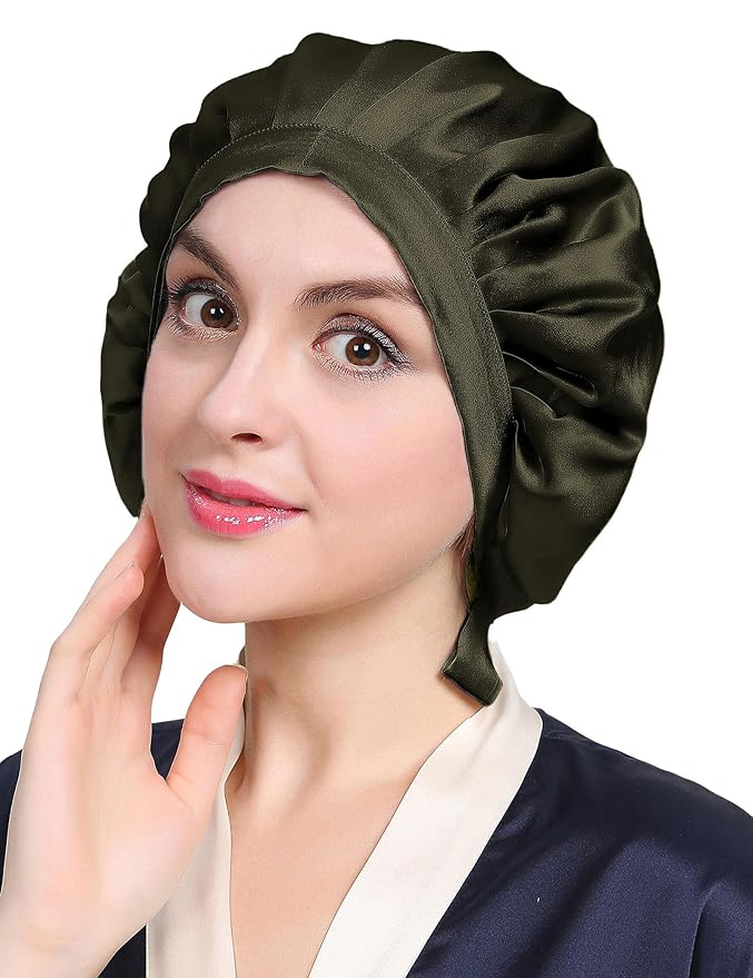 LilySilk 100% Mulberry Silk Bonnet Flat Front Silk Night Sleep Cap Adjustable Hair Wrap for Sleeping, Olive Green