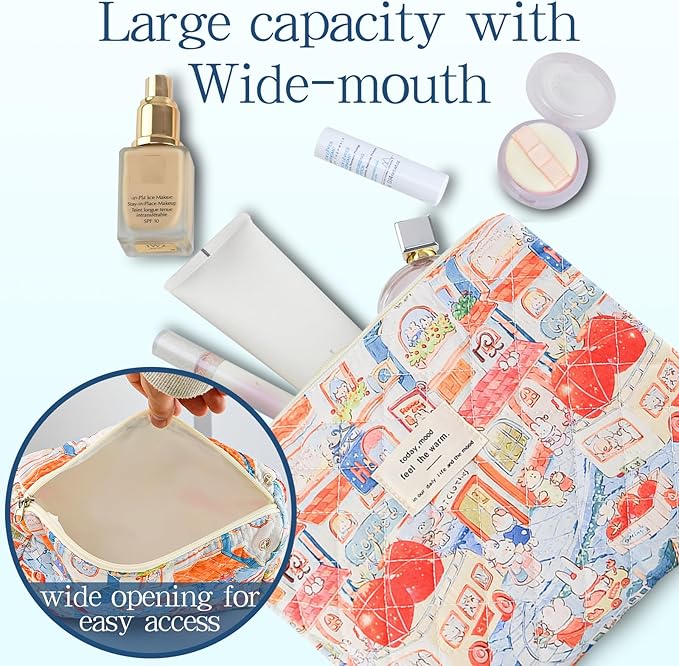 Makeup Bag, 3 PCS Quilted Makeup Bag, Cute Floral Cotton Cosmetic Bag set, Coquette Makeup Pouch Large Travel Toiletry Bag