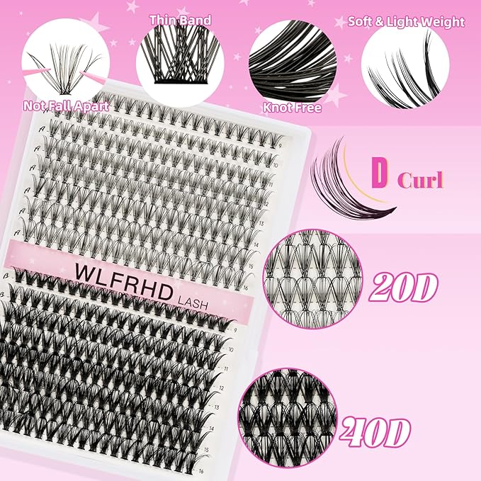 Lash Clusters Kit 320 Pcs DIY Individual Cluster Lashes D Curl Lash Extension Kit with Eyelash Bond and Seal, Remover, Tweezers Applicator Tool for False Eyelash Cluster Kit(20D+40D, Mix9-16mm Kit)