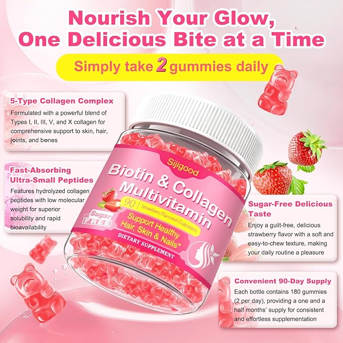 180 Count | Collagen Peptides Gummies for Women Men, 2500mg Collagen Gummies with Multi Hydrolyzed Protein Type I,II,III,V,X, 15000mcg Biotin, Vitamin C B12 D A E for Skin Hair Nails, Bone, Sugar Free