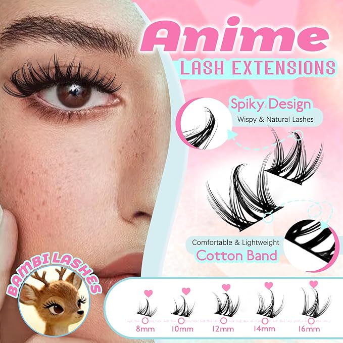 Lash Clusters Manga Lash Clusters Spiky Doll Anime DIY Eyelash Extensions Natrual Doe Eyed C Curl 8-16MM 120Pcs Individual Lashes with Black Cotton Band for Cosplay (Narcissus)