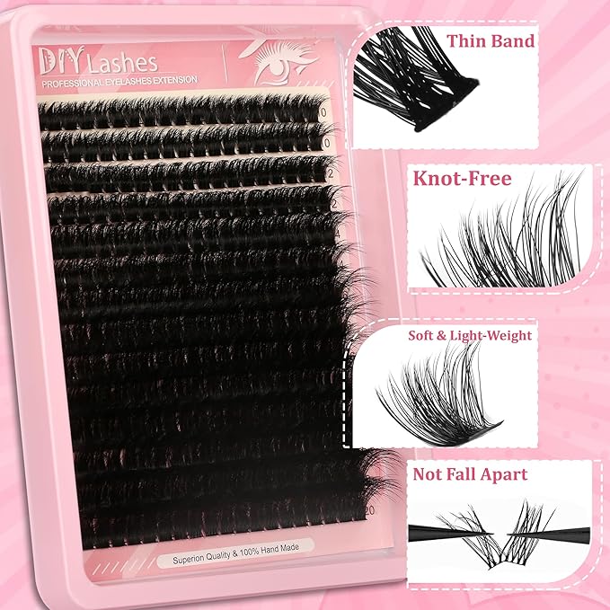 D Curl Eyelash Lash Clusters Lashes Extensions 280 Pcs Volume Wispy Individual Eye Lash Cluster 100P DIY Home Makeup Thin Band Clusters Lashes Extension Kit (9-20MM)