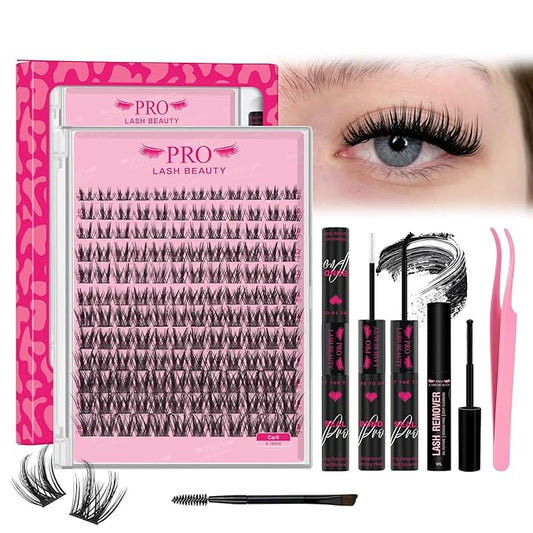 PRO LASHBEAUTY Lash Clusters Kit with Lash Bond and Seal Eyelash Applictor Lash Remover DIY Volume Lash Extension Kit for Beginner Waterproof Resuable Eyelash Extensions at Home (Carli,8-18mix)