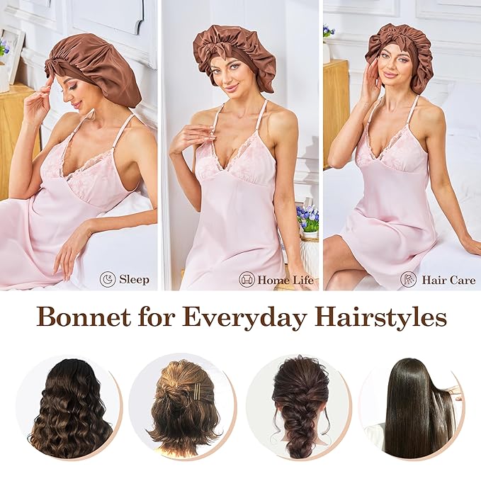 Silk Satin Bonnet for Sleeping Hair: Women Sleep Night Wrap Cap for Straight Wavy Curly Coily Kinky Natural Hair Head by Tie Band - Coffee + Gold