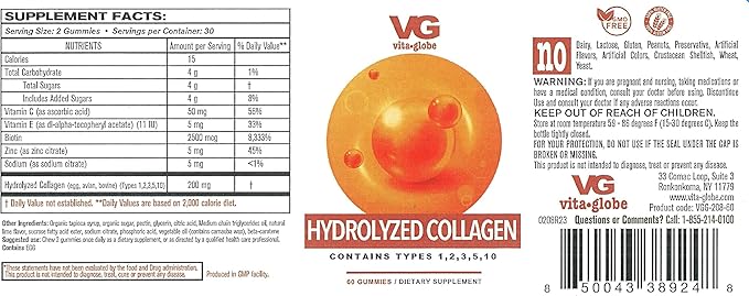 VITA GLOBE Collagen Gummies – 200mg Hydrolyzed Collagen Types I, II, III, V & X | Supports Hair, Skin, Nails, Joints & Bones | Non-GMO Daily Collagen Supplement for Adults – 120 Gummies (Pack of 2)
