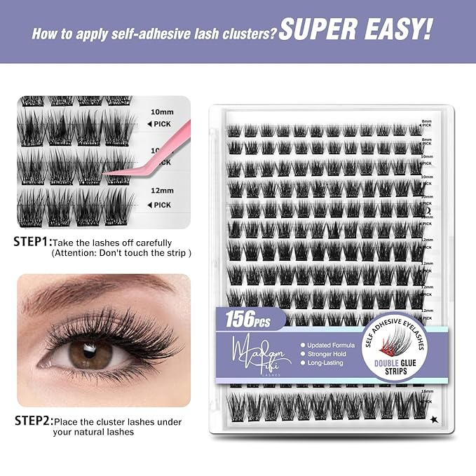Madam Fifi Self Adhesive Eyelashes, 156 PCS Self-Adhesive Lash Clusters – No Glue Needed, Dual-Row Sticky Strips, DIY Individual Lash Extensions, Soft Fluffy False Eyelashes (Fluffy-Mixed)