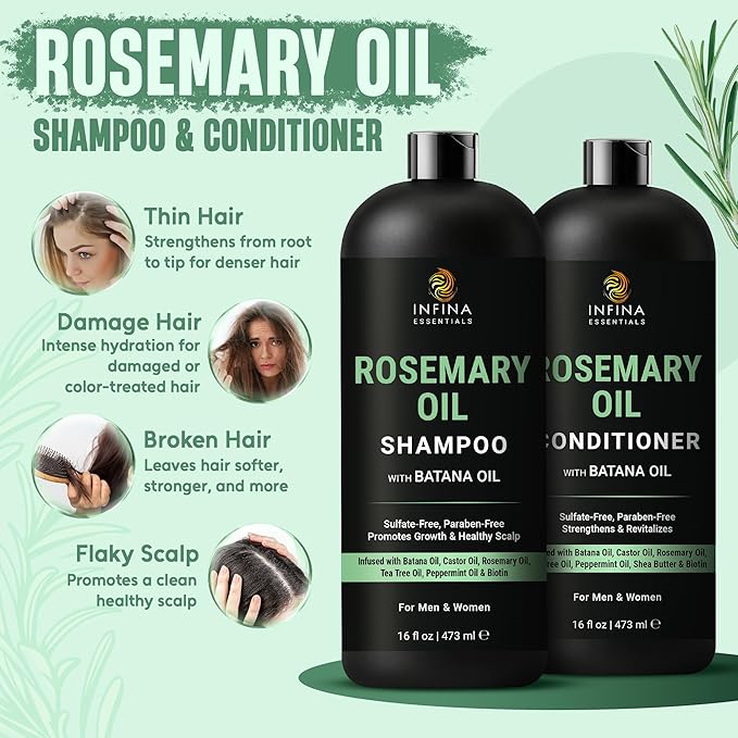 INFINA ESSENTIALS Rosemary Oil Shampoo and Conditioner Set | 16 fl oz Each | with Batana Oil | Sulfate-Free, Moisturizing & Nourishing Formula | Supports Thinning Hair for Men & Women