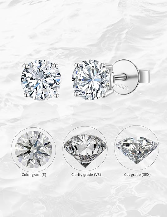 14K White Gold Lab Grown Diamond Stud Earrings, 0.5-2.00 Ct Round IGI Certified, E-F Color VS1-VS2 Clarity, Push Back Setting