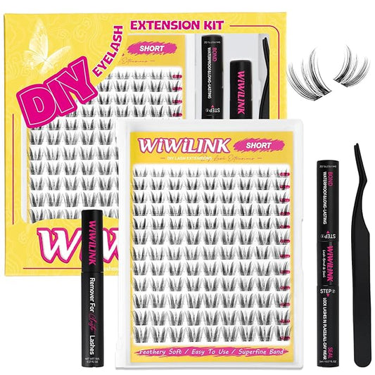 WiWiLINK Wispy Lash Clusters D Curl DIY Lash Extension Kit Natural Eyelash Clusters 8-14mm with Bond, Seal, and Remover - Invisible Band Lashes Clusters, Spike False Eyelashes, Freya Short-Kit