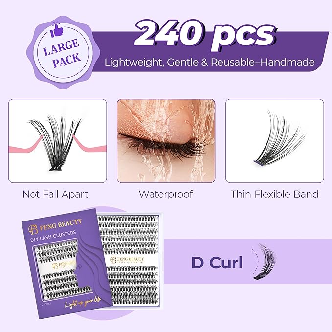 240PCS Natural Lash Clusters 30D/40D Mixed Length 10–16mm, Wispy D Curl Individual Lashes for DIY Cat Eye Look, Lightweight Reusable Cluster Lashes for Beginners (No Tools Included)