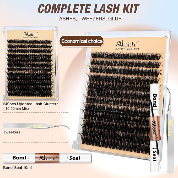 Lash Clusters Kit, DIY Cluster Eyelash Extensions 10‑20mm, 80D+100D, 240pcs Fluffy D Curl Natural Lashes with Bond & Seal,Tweezers–Fake Cat Eye Individual Clusters