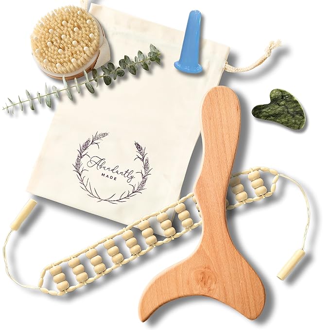 Abundantly Made Co. | 6-Piece Lymphatic Drainage Variety Kit + Wood Therapy Massage Tools | Wood, Jade & Silicone for Maderoterapia, Gua Sha, Cupping & Dry Brushing | Body Sculpting + Fascia Massager