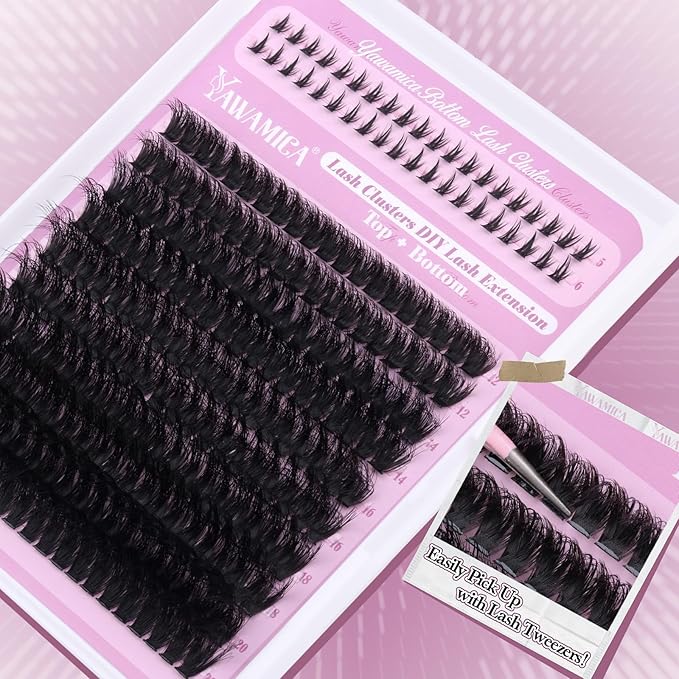 Yawamica Eyelash Extension Kit Wispy Lash Clusters Kit with Bottom Lashes 100D Fluffier Volume Individual Lashes 12-20mm Eyelash Clusters with 5-6mm Bottom Lashes with Bond and Seal and Lash Tweezers