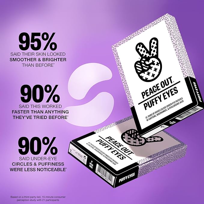 PEACE OUT Skincare Puffy Eyes Under Eye Patches, Biocellulose Eye Masks with Caffeine and Niacinamide for Under Eye Puffiness and Tired Eyes, 6 Pairs