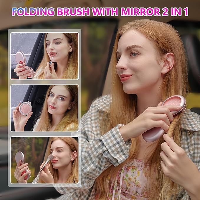 STUDLLY LCD Screen Cordless Hair Straightener Curler 2 in 1, Portable Mini Hair Straightening Brush for Travel Negative Ionic Fast Heating Hot Comb for Women, Folding Brush with Mirror, Green