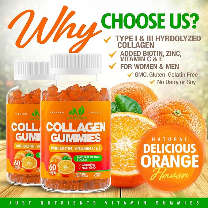 Collagen Peptides Gummies with Biotin, Vitamin C & E for Women & Men - Premium Hydrolyzed Collagen Type I & III for Hair, Skin & Nails Support - Gluten-Free, Non-GMO - 60 Gummies (30 Servings)