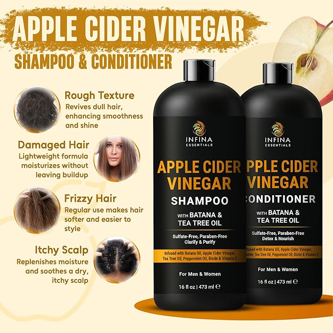INFINA ESSENTIALS Apple Cider Vinegar Shampoo and Conditioner Set | 16 fl oz Each | with Batana Oil, Biotin & Tea Tree | Clarifying, Detoxifying & Moisturizing Formula | Promotes Hair Growth & Shine