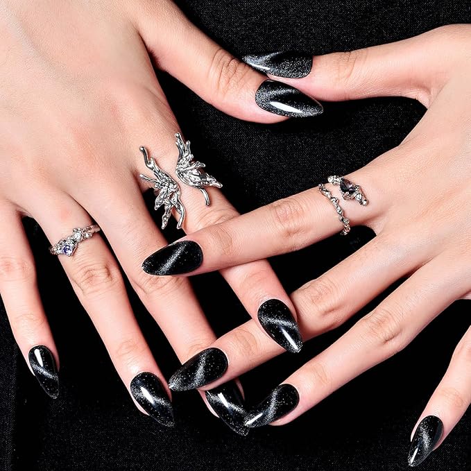 GLAMERMAID Black Cat Eye Press on Nails Medium Almond, Handmade Jelly Magnet Gel Fake Nail, Gloss Glitter Magnetic Glue on Nail Short Oval, Reusable Acrylic Stiletto Stick on False Nail Kit for Women
