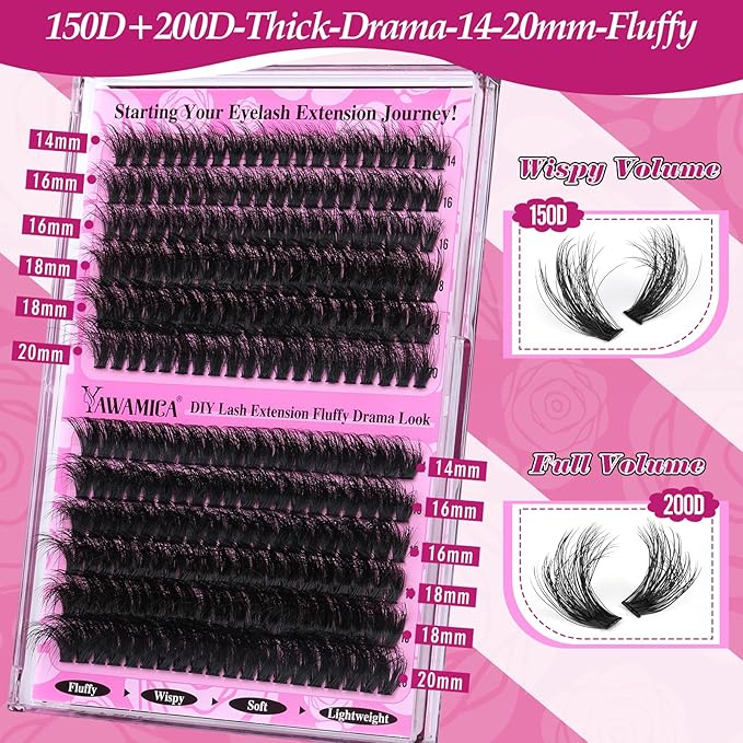 Yawamica Fluffier Lash Clusters Kit 150D+200D Thick Volume Lash Extension Kit 14-20mm Wispy Eyelash Clusters Individual Lashes Kit with Lash Bond, Lash Remover, Lash Applicator for DIY Lash Extension