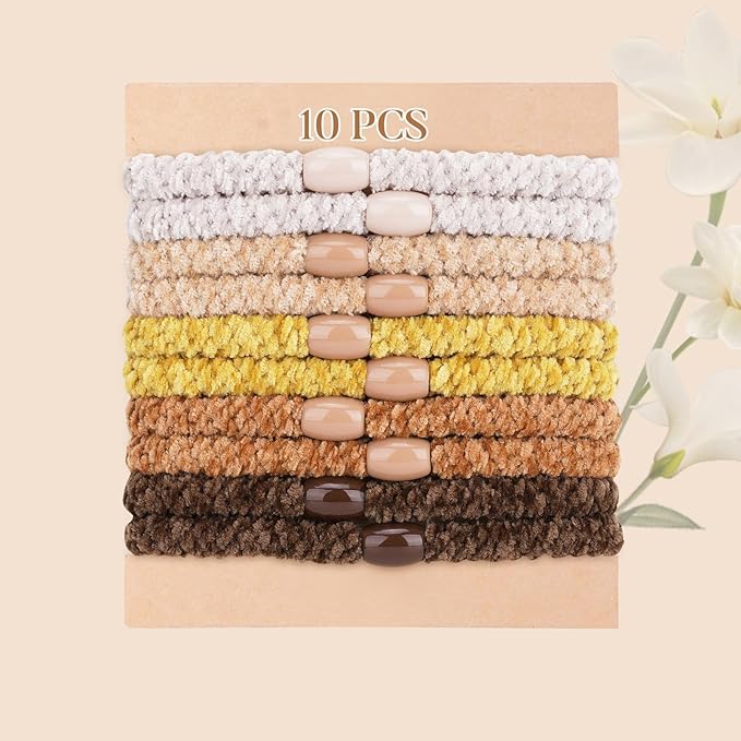 Braided Hair Ties No Damage, 10 Pcs Soft Plush Hair Bands for Women's Hair, Bracelet Hair Elastics & Ponytail Holders for Thick Hair - Terra Brown