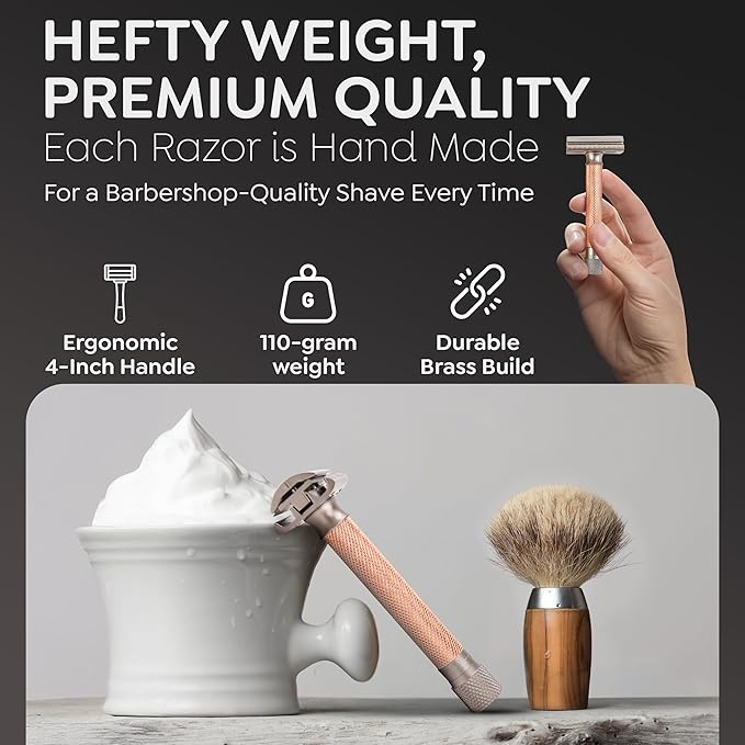 Parker THE VARIANT CLOSED COMB - ADJUSTABLE Double Edge Safety Razor, Customize your Shave with a Turn of the Dial from Mild to Aggressive - 5 Blades Included (ROSE GOLD)