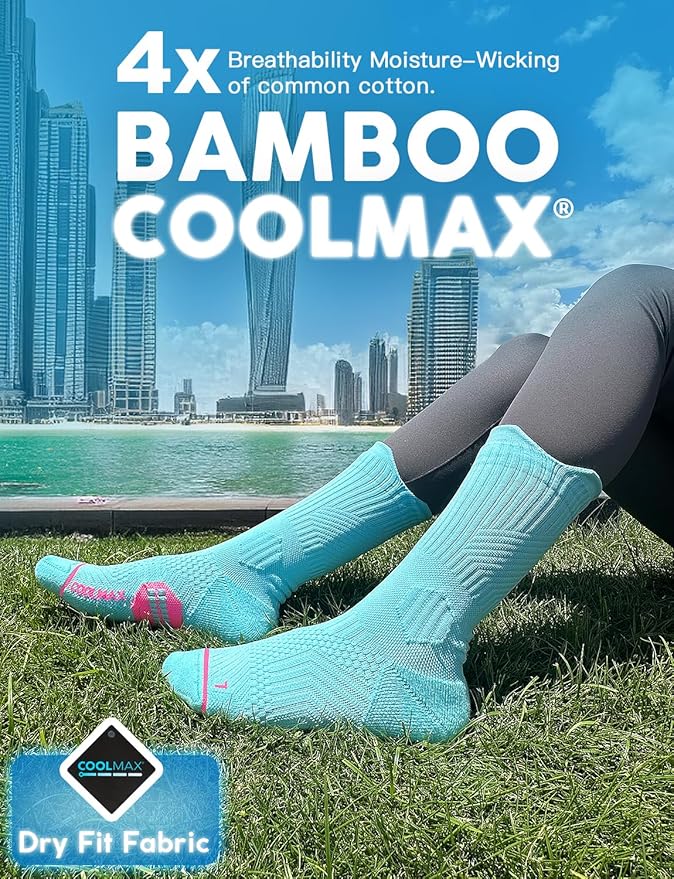 Juclise Womens Coolmax Bamboo Viscose Compression Running Crew Socks, Moisture-Wicking Anti-Blister Hiking&Gym Athletic