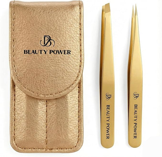 Beauty Power Professional Tweezers Set – Slant & Point, Ultra Precision German Stainless Steel Tweezers for Eyebrows, Chin, Ingrown Hair & Facial Grooming – Lightweight with Travel Case (Matte Gold)