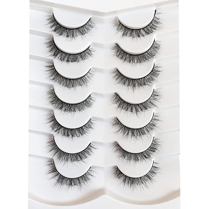Pooplunch Fake Eyelashes Short Natural False Eyelashes Cat-Eye Wispy Volume Lightweight Faux Mink Eye Lashes Strips 7 Pairs Pack